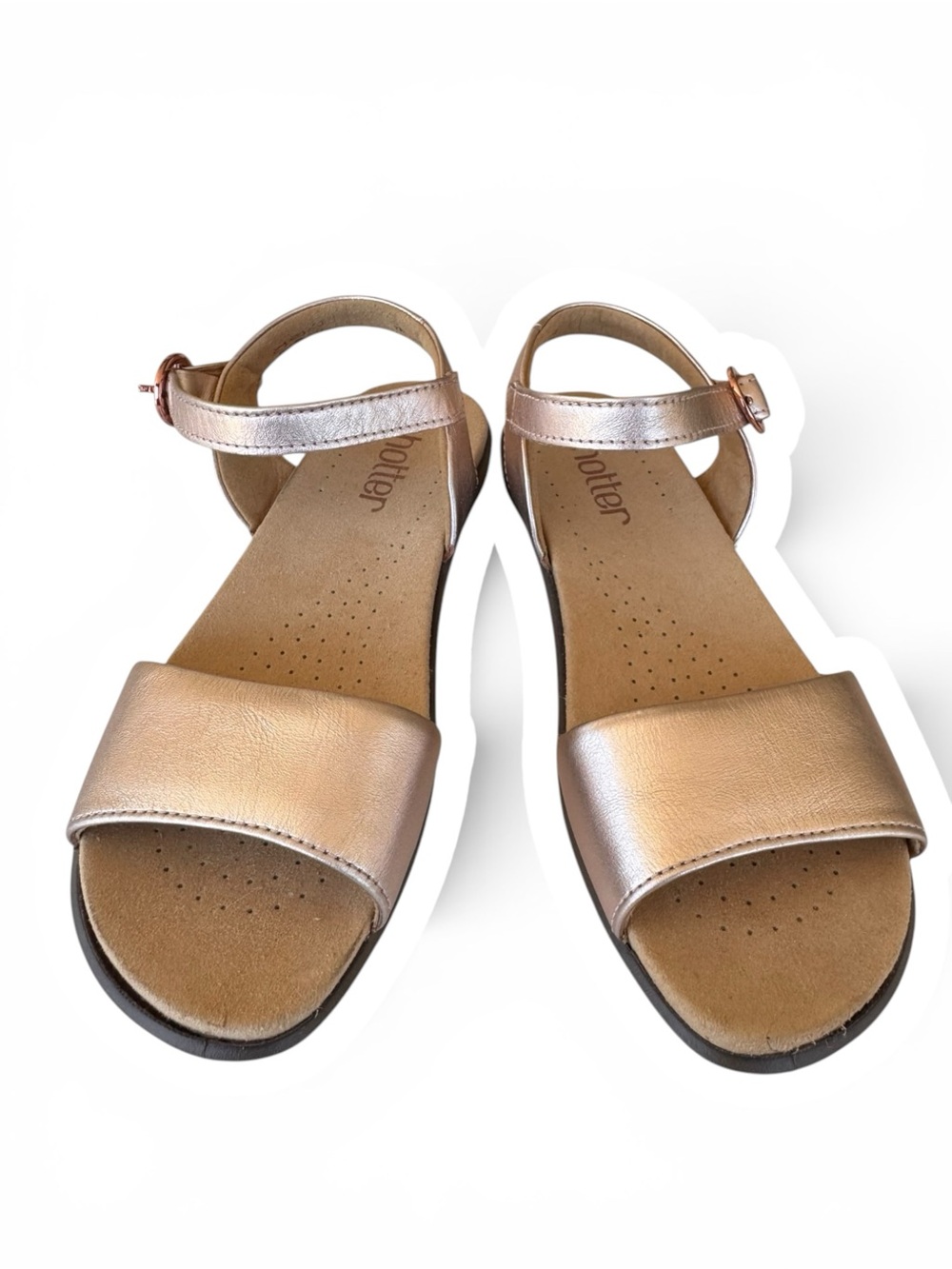 Hotter Tropic Rose Gold Metallic Leather Low Wedge Comfort Sandals Size 5